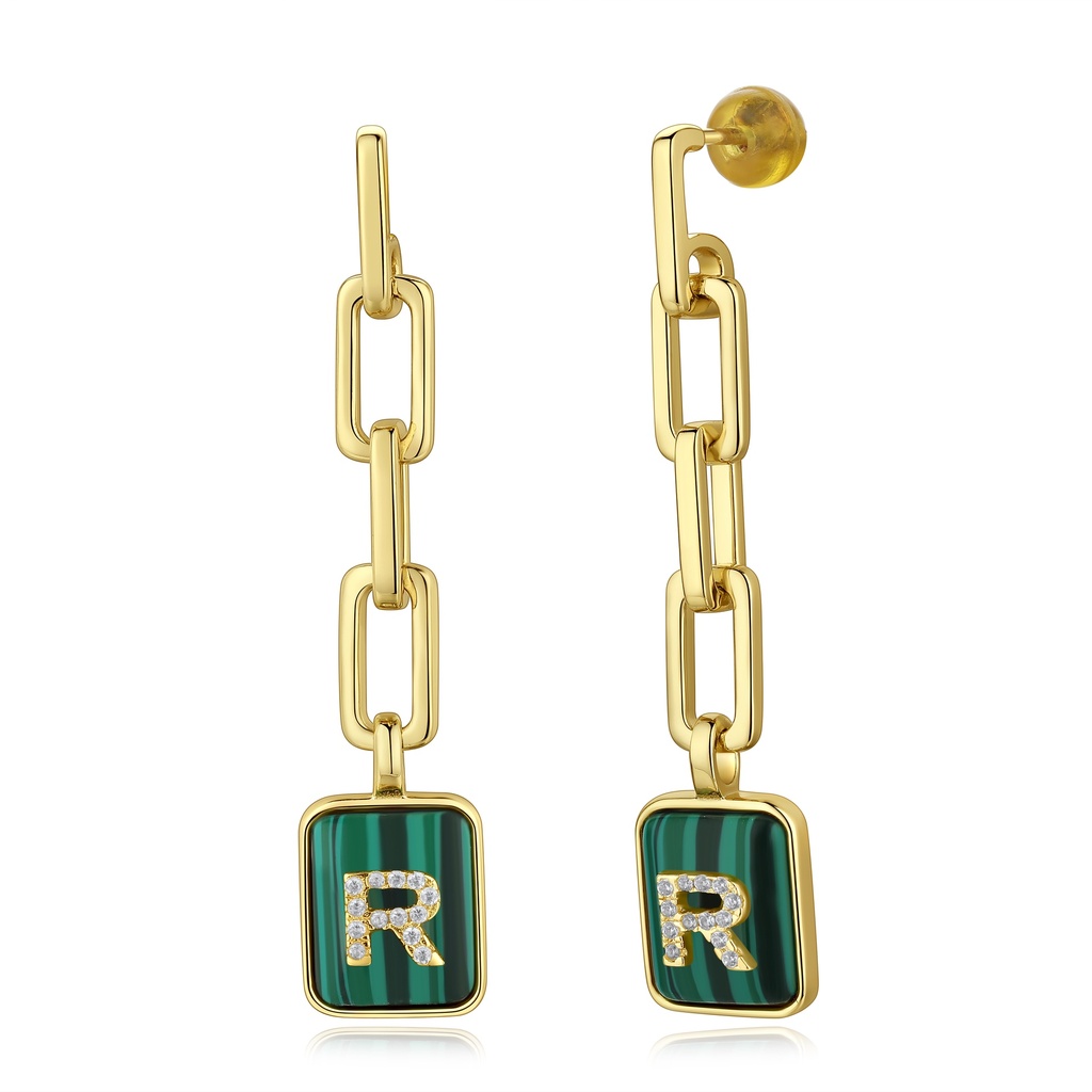 Elegant Link Drop Earrings with Green Malachite Letter R Design