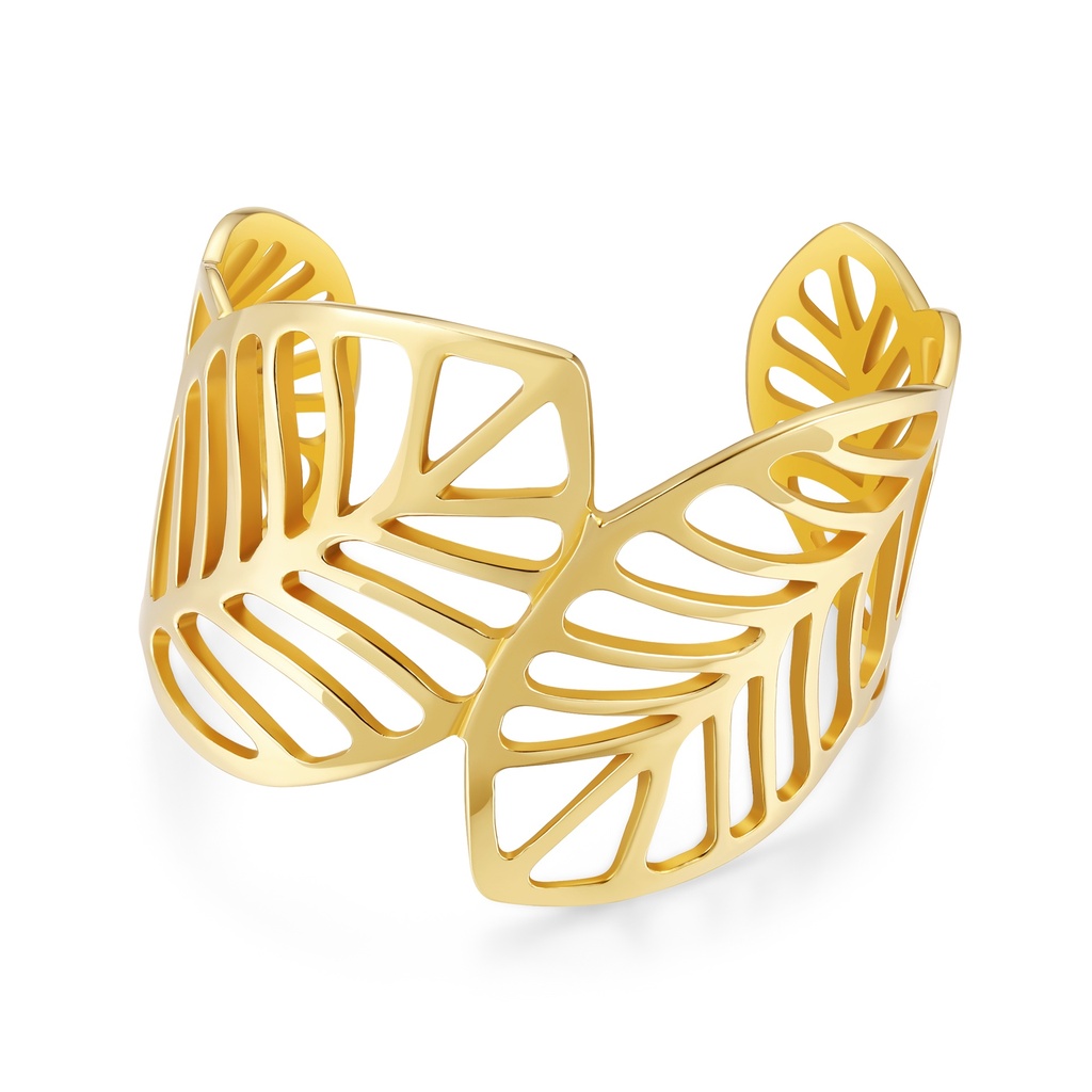 Elegant Openwork Leaf Design Gold Stainless Steel Cuff Bracelet