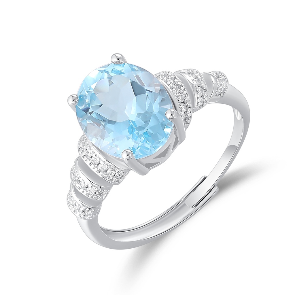 Elegant Oval Blue Stone Ring with Graduated Pavé Band