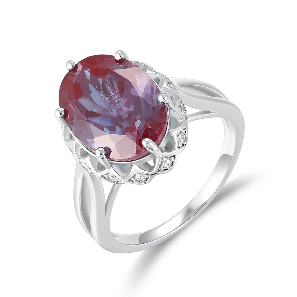 Elegant Oval Color-Change Gemstone Ring with Intricate Silver Setting