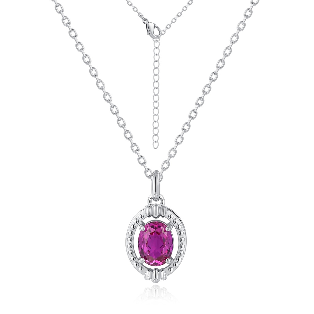 Elegant Oval Pink Gem Necklace in Vintage Stainless Steel Setting