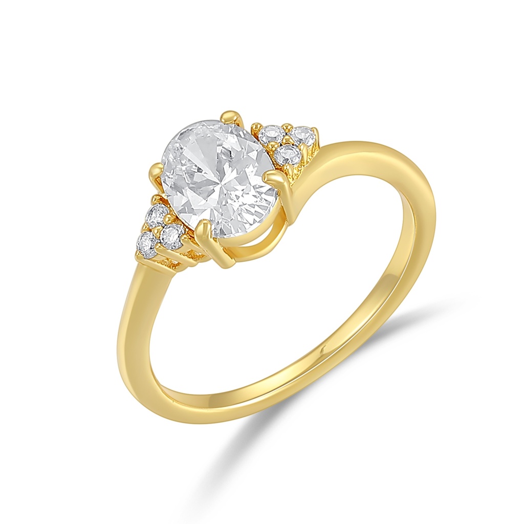 Elegant Oval Solitaire Ring in Gold with Clustered Accent Stones
