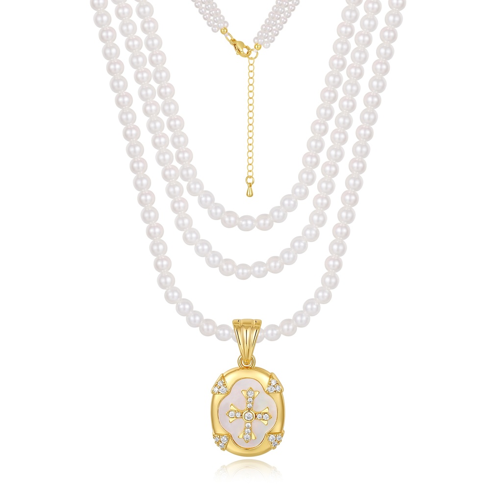 Elegant Pearl Strand Necklace with Gold Cross Medallion Pendant