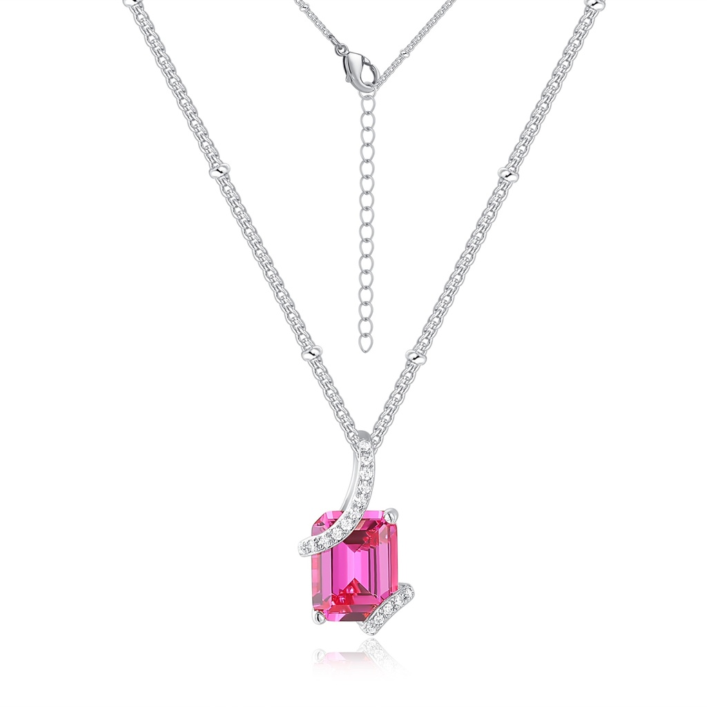 Elegant Pink Gemstone Necklace with Curved Pavé Stainless Steel Setting
