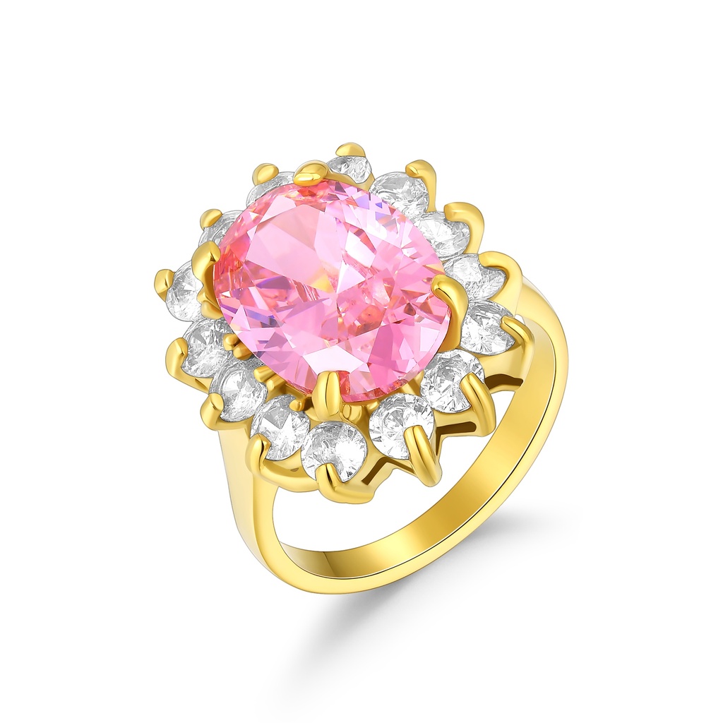 Elegant Pink Halo Ring with Gold Stainless Steel Band