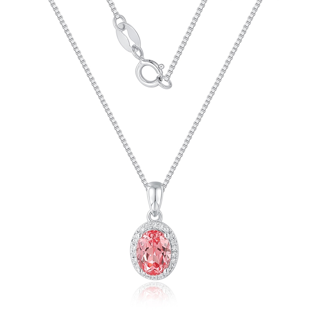 Elegant Pink Oval CZ Pendant Necklace with Pave Diamond Halo
