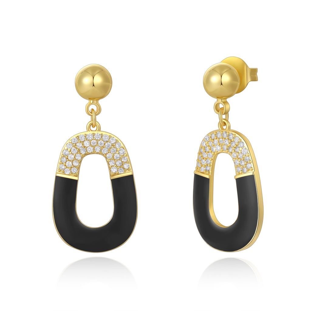 [PD02E0172] Black Enamel Oval Drop Earrings with Crystal Top