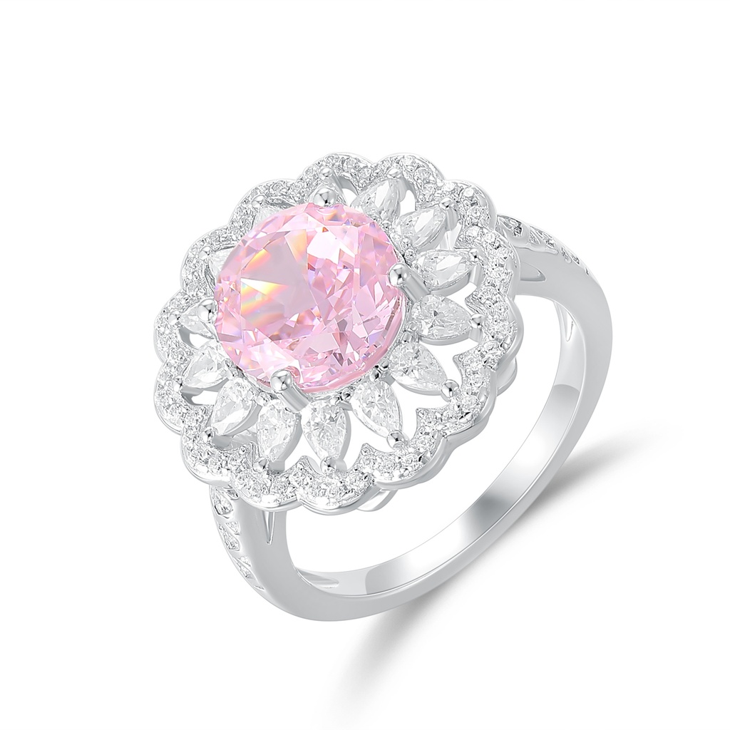 Elegant Pink Round-Cut Ring with Intricate Diamond Halo Design