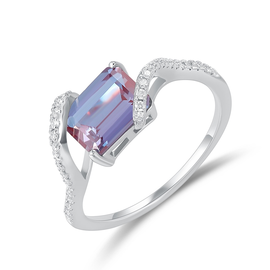 Elegant Purple-Blue Emerald Cut Ring with Diamond Accent Band