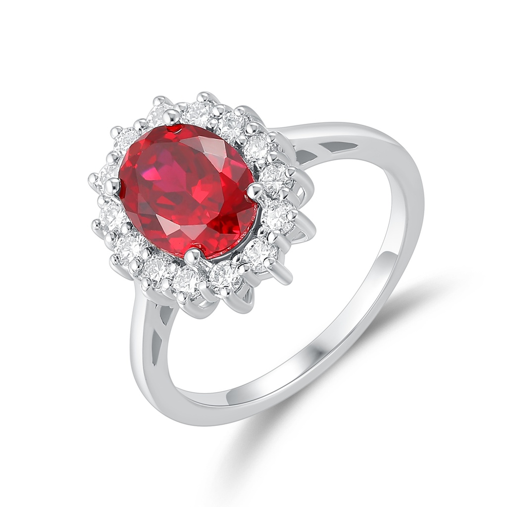 Elegant Red Oval CZ with Diamond Halo Stainless Steel Ring
