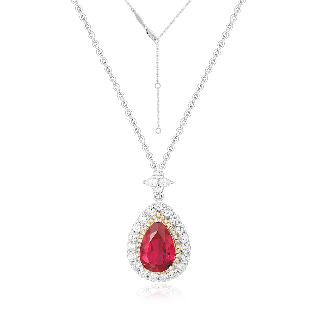 Elegant Red Teardrop Pendant Necklace with Sparkling Halo Design
