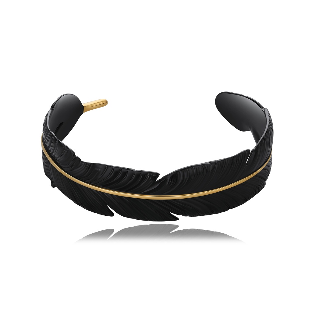 [DJ01B0113-3] Black Feather Cuff Bracelet with Gold Accent Stainless Steel