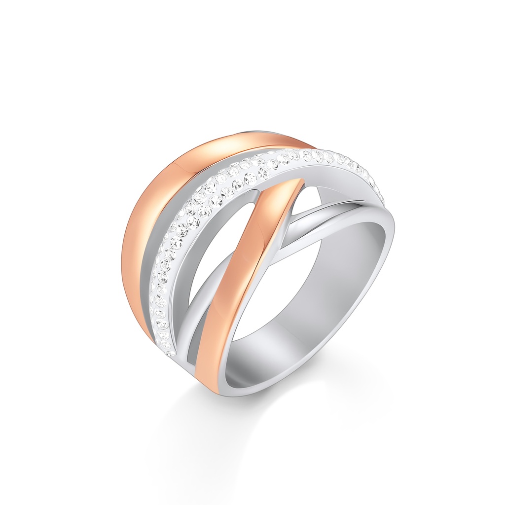 Elegant Rose Gold and Silver Stainless Steel Crystal Crossover Ring