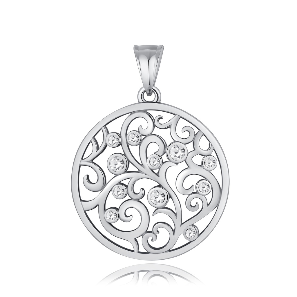 Elegant Round Swirl Pendant with Crystal Inlays, Stainless Steel
