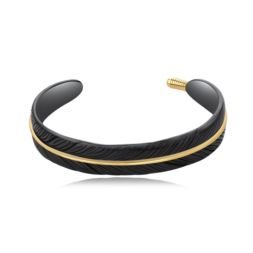[DJ01B0108-1] Black Feather-Inspired Cuff Bracelet with Gold Stainless Steel Detail