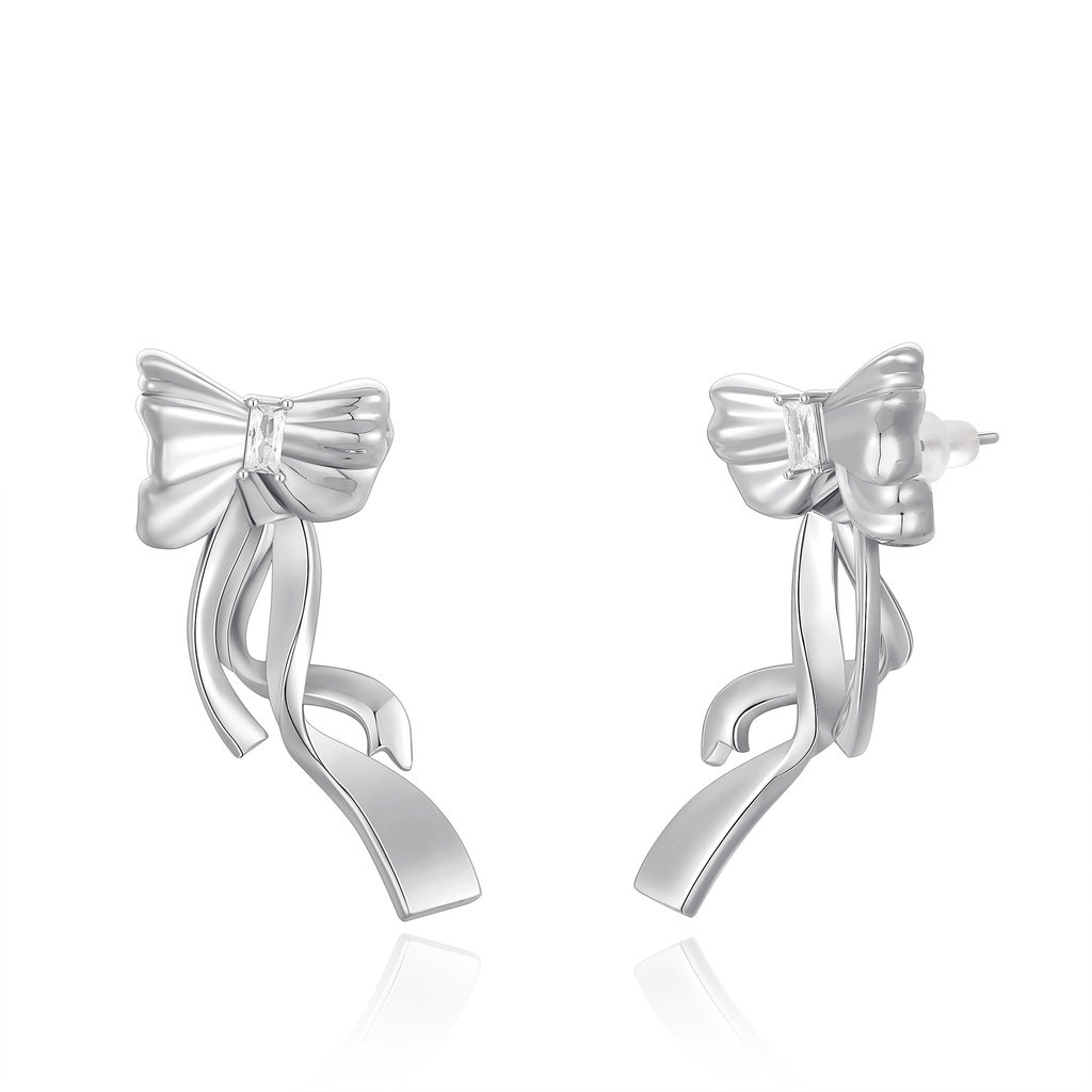 Elegant Silver Bow Earrings With Sculptural Flowing Ribbon Details