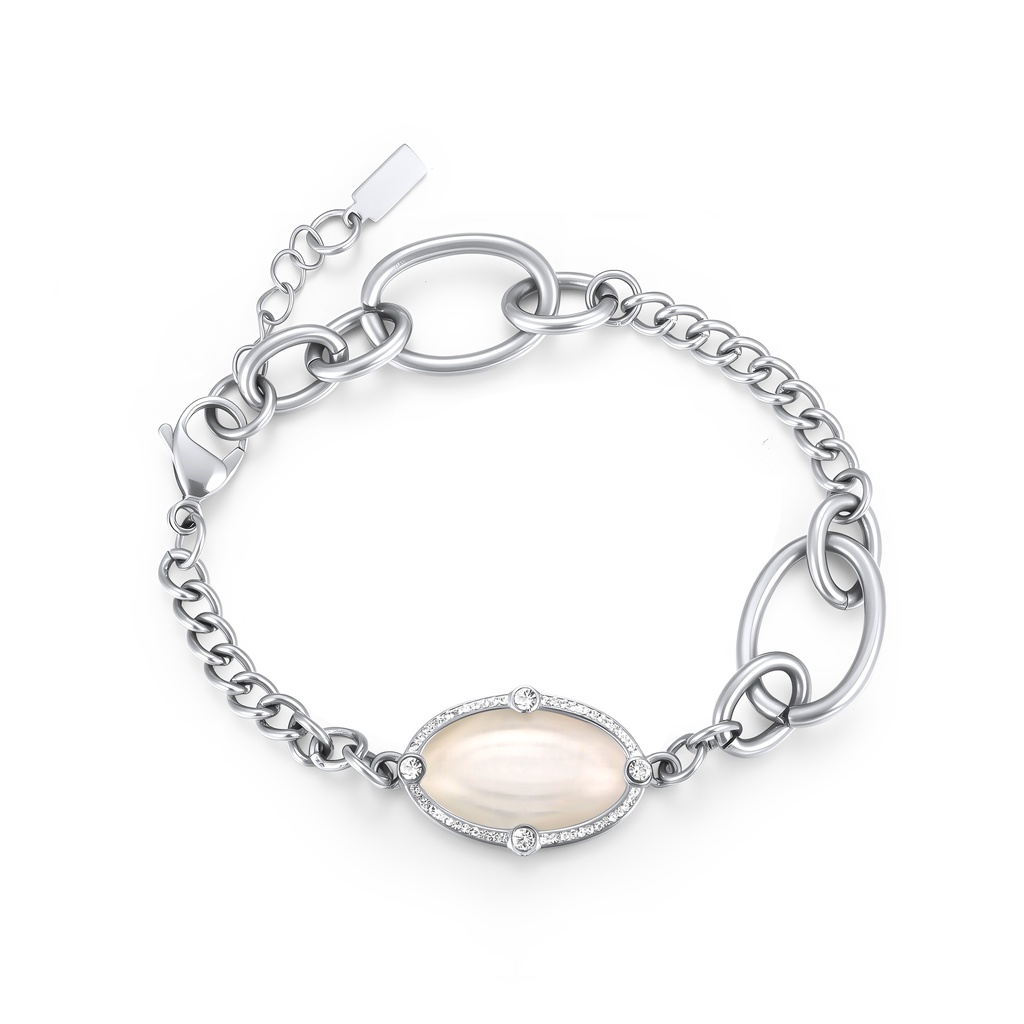 Elegant Silver Chain Bracelet with Oval White Gemstone Accent