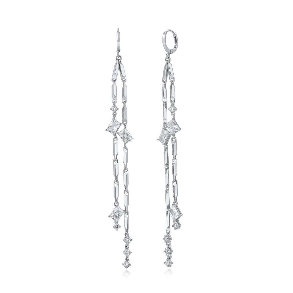 Elegant Silver Chain Drop Earrings with CZ Crystals