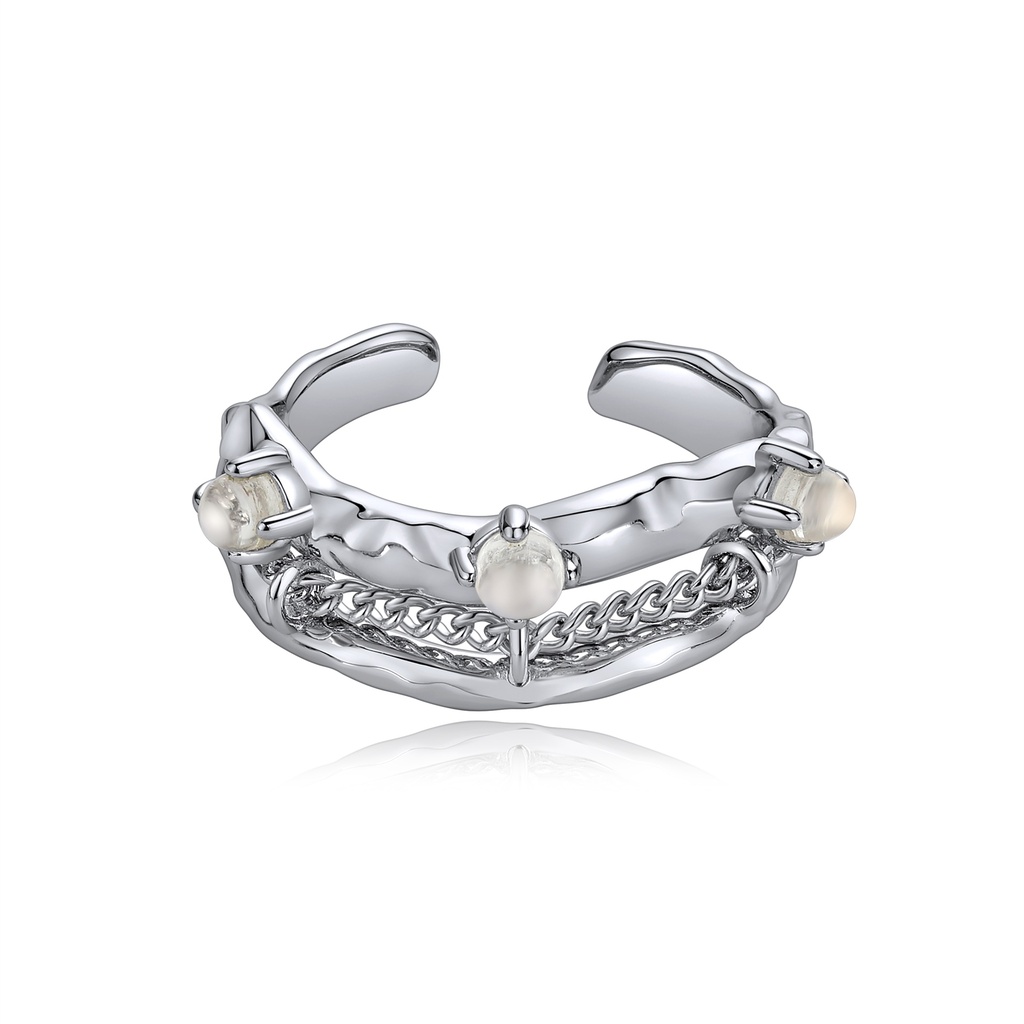 Elegant Silver Chain Ring with Pearls and Modern Texture