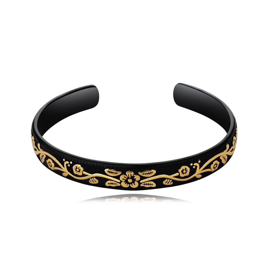 [DJ01B0112-1] Black Floral Cuff Bracelet in Stainless Steel with Gold Inlay