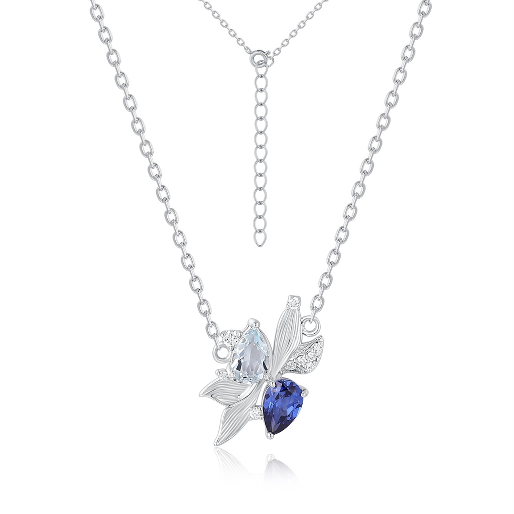 Elegant Silver Flower Necklace with Blue and Clear CZ Stones