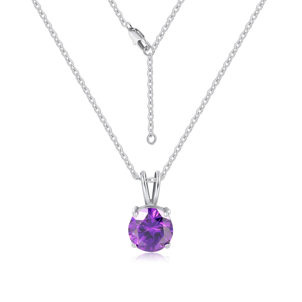 Elegant Silver Necklace with Round Purple Crystal Solitaire Pendant Charm