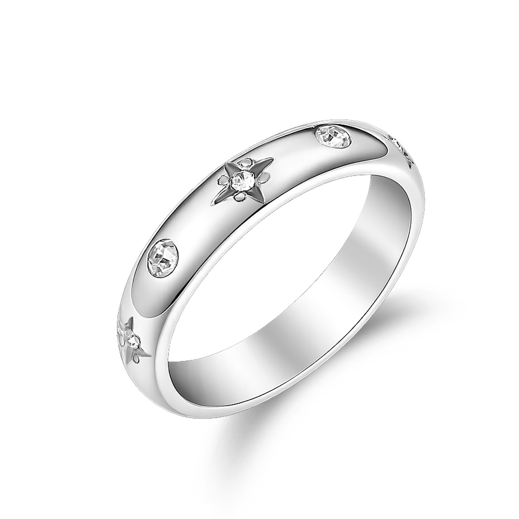 Elegant Silver Ring with Star Pattern and Crystal Inlays